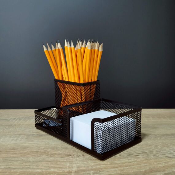 Leviatan Schreibtisch Organizer | Stiftehalter Schreibtisch Stifteköcher Tisch-Organizer aus Metall | Büroablage mit Zettelhalter Mesh | 205x103x98mm Schwarz