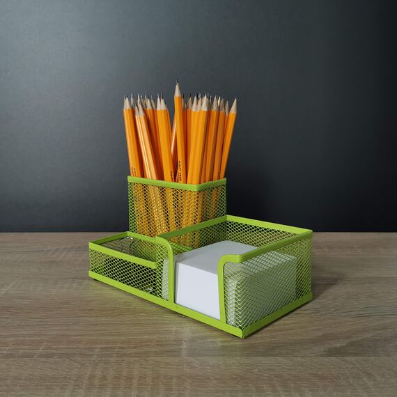 Leviatan Schreibtisch Organizer | Stiftehalter Schreibtisch Stifteköcher Tisch-Organizer aus Metall | Büroablage mit Zettelhalter Mesh | 205x103x98mm Limonenfarben