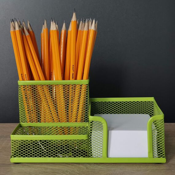 Leviatan Schreibtisch Organizer | Stiftehalter Schreibtisch Stifteköcher Tisch-Organizer aus Metall | Büroablage mit Zettelhalter Mesh | 205x103x98mm Limonenfarben