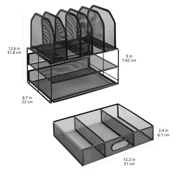 Amazon Basics Schreibtisch-Organizer aus Metallgeflecht, mit Schublade, doppelter Ablage und 5 senkrechten Bereichen, schwarz