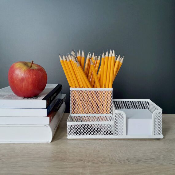 Leviatan Schreibtisch Organizer | Stiftehalter Stifteköcher Tisch-Organizer aus Metall | Büroablage mit Zettelhalter Mesh | 205x103x98mm Perlmuttfarben