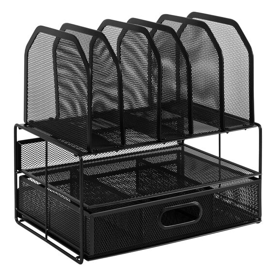 Amazon Basics Schreibtisch-Organizer aus Metallgeflecht, mit Schublade, doppelter Ablage und 5 senkrechten Bereichen, schwarz