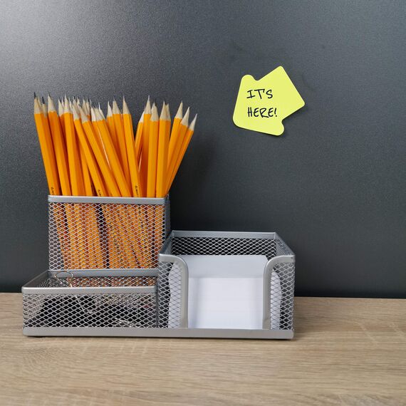 Leviatan Leviatan Schreibtisch Organizer | Stiftehalter Schreibtisch Stifteköcher Tisch-Organizer aus Metall | Büroablage mit Zettelhalter Mesh | 205x103x98mm silberfarben