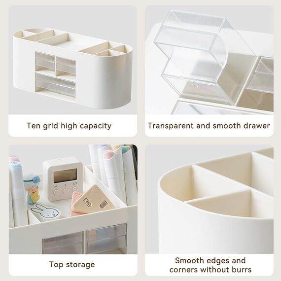 Lvjkes Stiftehalter Aufbewahrungskiste, Schreibtisch organizer 10 Fächer Große Kapazität, Doppelschicht transparente Schublade, Kann Bleistifte, Buntstifte, Verschiedene Schreibwaren aufnehmen (Weiß)