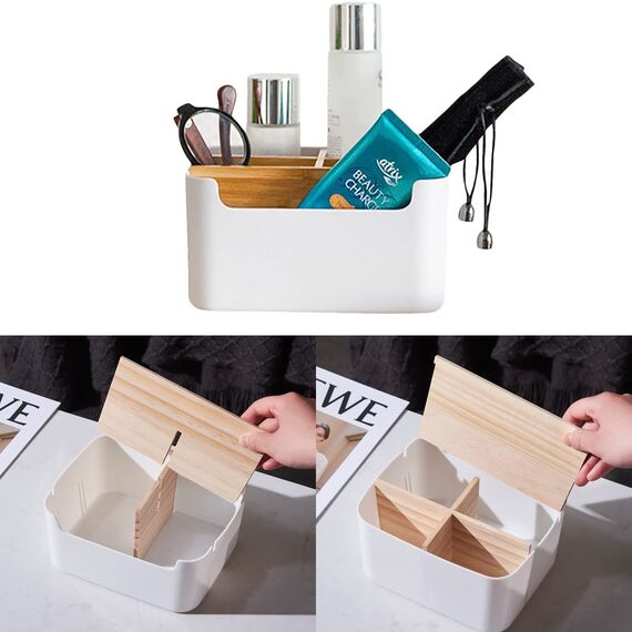 VICDUEKG Schreibtisch Organizer, 5 Fächer Bambus Büro Organizer mit Stifthalter, Aufbewahrungsbox Desk Organizer für Stifte, Kosmetika, Haftnotizen (Weiß)