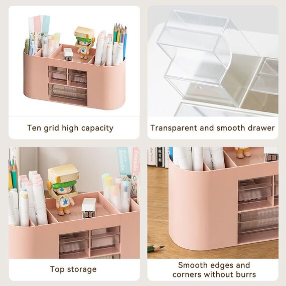 Lvjkes Stiftehalter Aufbewahrungskiste, Schreibtisch organizer 10 Fächer Große Kapazität, Doppelschicht transparente Schublade, Kann Bleistifte, Buntstifte, Verschiedene Schreibwaren aufnehmen (Rosa)