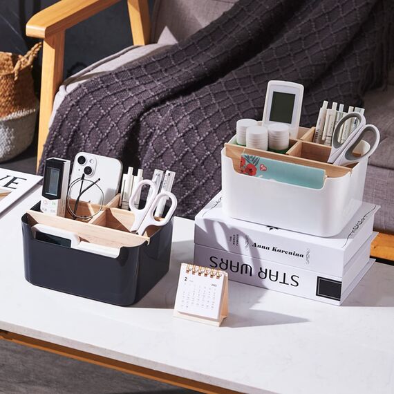 VICDUEKG Schreibtisch Organizer, 5 Fächer Bambus Büro Organizer mit Stifthalter, Aufbewahrungsbox Desk Organizer für Stifte, Kosmetika, Haftnotizen (Schwarz)