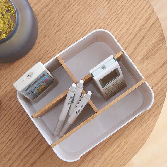 VICDUEKG Schreibtisch Organizer, 5 Fächer Bambus Büro Organizer mit Stifthalter, Aufbewahrungsbox Desk Organizer für Stifte, Kosmetika, Haftnotizen (Weiß)