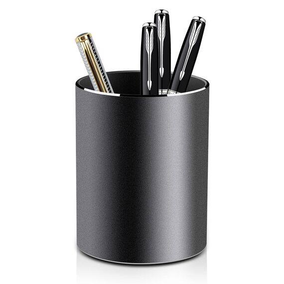 VAYDEER Runder Stiftehalter aus Aluminium Organizer und Aufbewahrungsbox für Stifte und Bleistifte, ideal für Büro, Schule, zuhause und Kinder - 8x10 cm, in elegantem Schwarz.