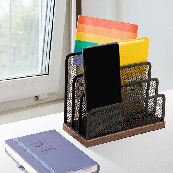 Schreibtisch-Organizer aus Holz, Desktop-Aktenordner, Metallgeflecht mit 3 vertikalen aufrechten Fächern, Postsortierer, Brief-Organizer für Briefe, Postkarten, Broschüren, Posthalter (2 Stück)