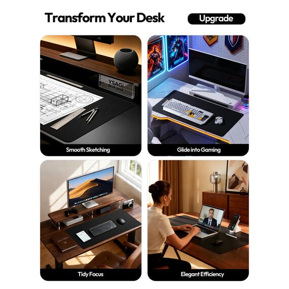 YSAGi Schreibtischunterlage 80x40cm, Premium Leder Mauspad XXL, Rutschfeste Tischunterlage Schreibunterlage, Multifunktionales Office Mousepad Schreibtisch Zubehör für Büro & Homeoffice (Schwarz)