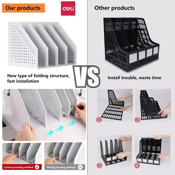 DELI Faltbarer Stehsammler A4,Zusammenklappbarer Zeitschriftenhalter, Aktenmagazinhalter mit 4 Fächer, für Büro-Organisation, Schreibtisch-Organizer für School Office und die Aufbewahrung(hellgrau)