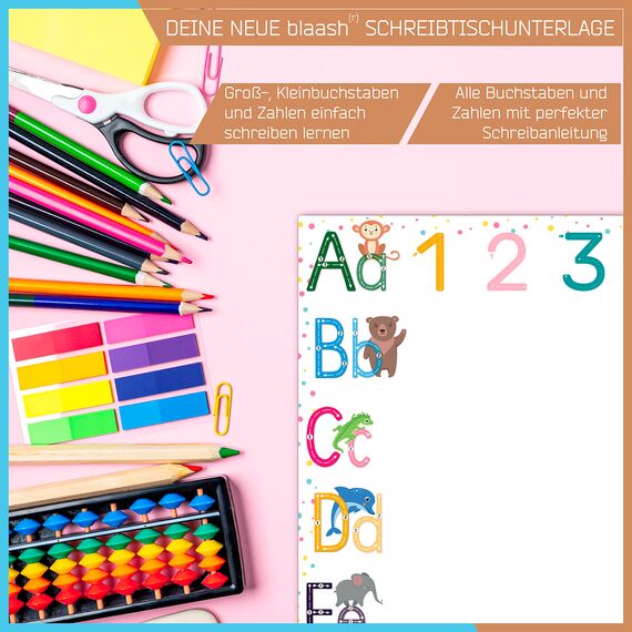 blaash® ABC Schreibtischunterlage Papier DIN A3 für Kinder | 25 Blatt Block mit viel Platz zum Malen, Schreiben oder Kritzeln | Unterlage Schreibtisch Mädchen & Jungen | Tischunterlage Kinder ABC