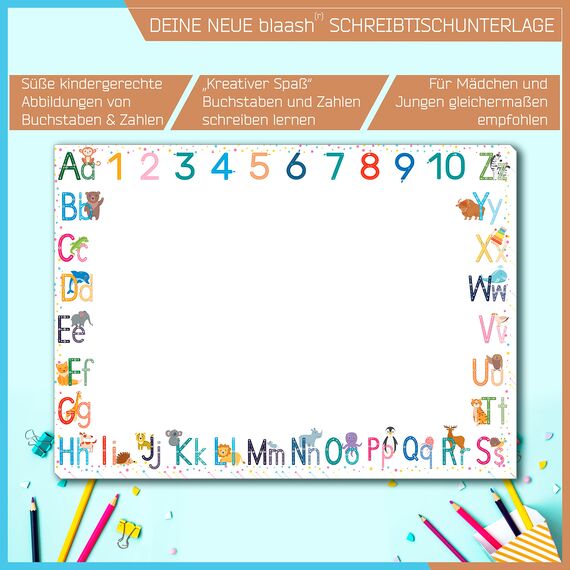 blaash® ABC Schreibtischunterlage Papier DIN A3 für Kinder | 25 Blatt Block mit viel Platz zum Malen, Schreiben oder Kritzeln | Unterlage Schreibtisch Mädchen & Jungen | Tischunterlage Kinder ABC