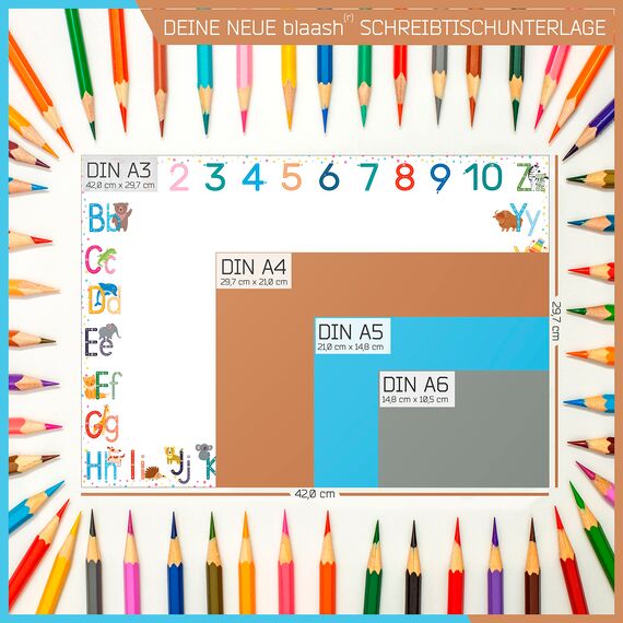 blaash® ABC Schreibtischunterlage Papier DIN A3 für Kinder | 25 Blatt Block mit viel Platz zum Malen, Schreiben oder Kritzeln | Unterlage Schreibtisch Mädchen & Jungen | Tischunterlage Kinder ABC