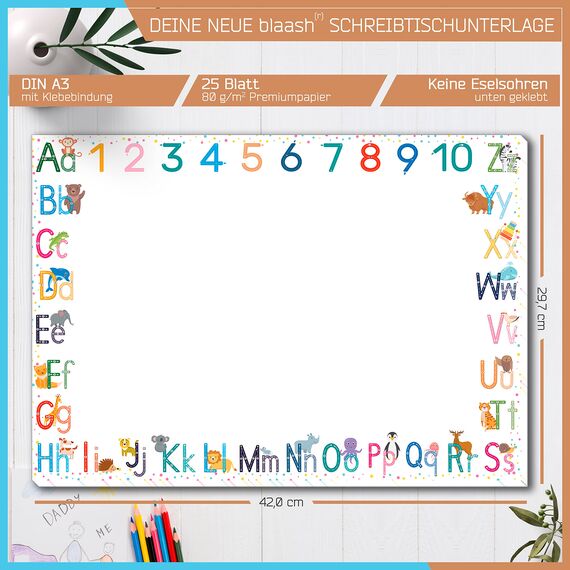 blaash® ABC Schreibtischunterlage Papier DIN A3 für Kinder | 25 Blatt Block mit viel Platz zum Malen, Schreiben oder Kritzeln | Unterlage Schreibtisch Mädchen & Jungen | Tischunterlage Kinder ABC