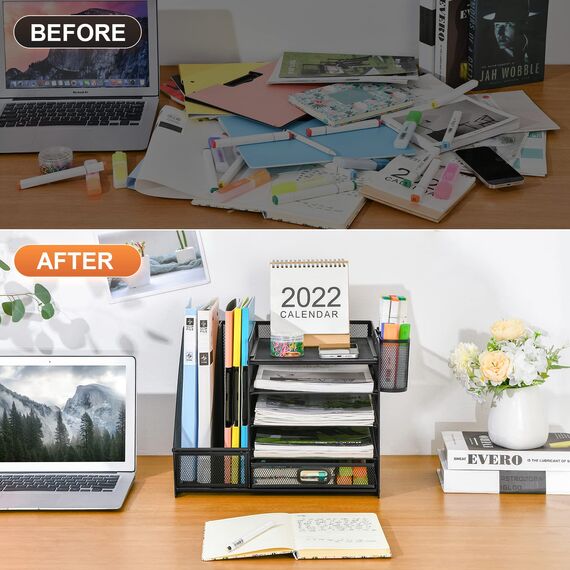 Marbrasse Schreibtisch Organizer mit Aktenhalter,5 Ebenen Papier Briefablage mit Schublade und 2 Stiftehalter,Schreibtisch Netz Ablagefächer Organizer mit für Büro Bedarf(Schwarz)