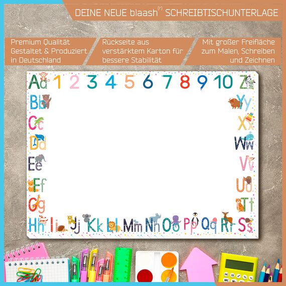 blaash® ABC Schreibtischunterlage Papier DIN A3 für Kinder | 25 Blatt Block mit viel Platz zum Malen, Schreiben oder Kritzeln | Unterlage Schreibtisch Mädchen & Jungen | Tischunterlage Kinder ABC