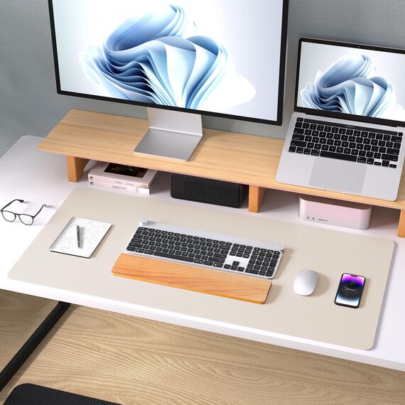 Aothia Schreibtischunterlage,Mauspad mit Leder und Rutchfeste Wildleder,Multifunktionales Office Mousepad Laptop Schreibunterlage,Tischschutz Unterlage für Büro/Home-Office(Eierschale,80x40cm)