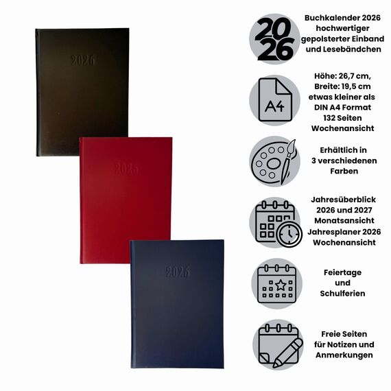 Buchkalender XL 2026 Wochenplaner Wochenkalender Chefplaner 1 Woche auf 2 Seiten 26,7 x 19,5 cm, Farbe:Blau