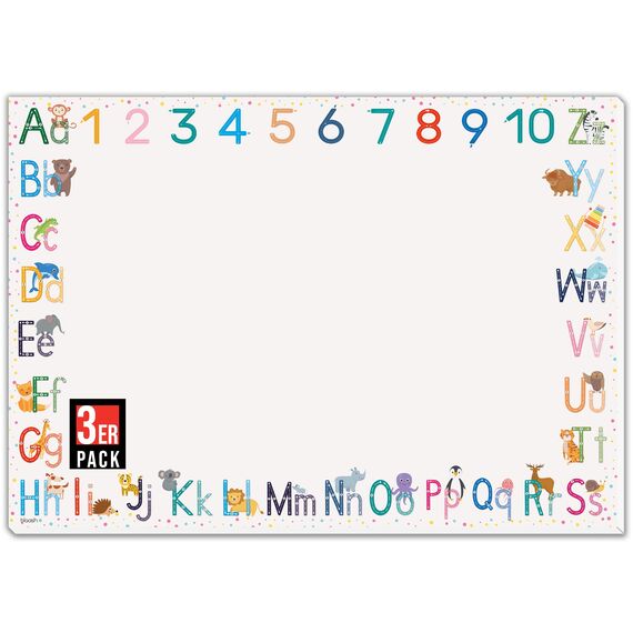 blaash® ABC Schreibtischunterlage Papier DIN A3 für Kinder | 25 Blatt Block mit viel Platz zum Malen, Schreiben oder Kritzeln | Unterlage Schreibtisch Mädchen & Jungen | Tischunterlage Kinder | 3er