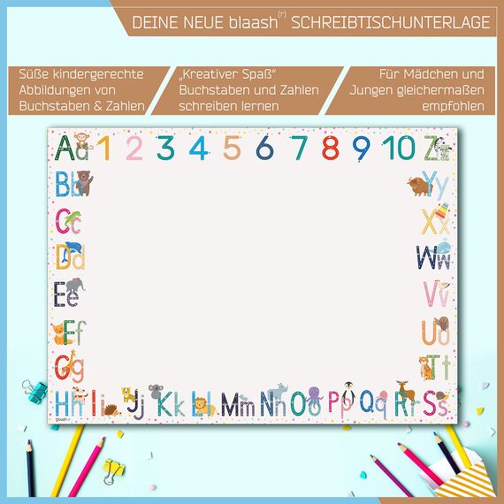 blaash® ABC Schreibtischunterlage Papier DIN A3 für Kinder | 25 Blatt Block mit viel Platz zum Malen, Schreiben oder Kritzeln | Unterlage Schreibtisch Mädchen & Jungen | Tischunterlage Kinder | 3er