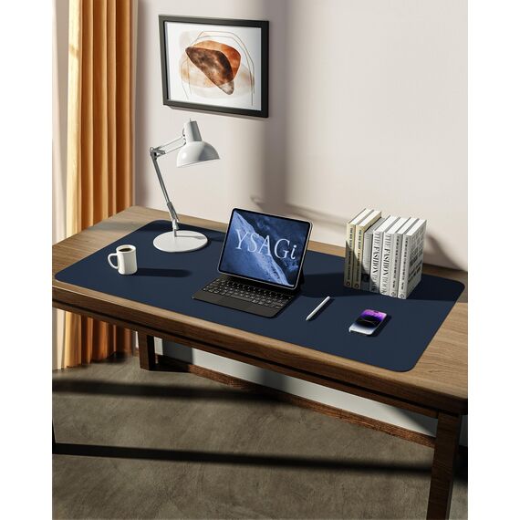 YSAGi Schreibtischunterlage 90x43cm, Premium Leder Mauspad XXL, Rutschfeste Tischunterlage Schreibunterlage, Multifunktionales Office Mousepad Schreibtisch Zubehör für Büro & Homeoffice (Dunkelblau)