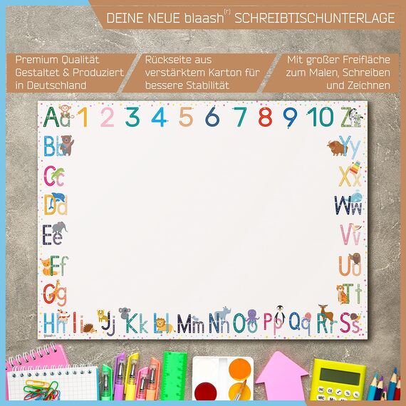 blaash® ABC Schreibtischunterlage Papier DIN A3 für Kinder | 25 Blatt Block mit viel Platz zum Malen, Schreiben oder Kritzeln | Unterlage Schreibtisch Mädchen & Jungen | Tischunterlage Kinder | 3er
