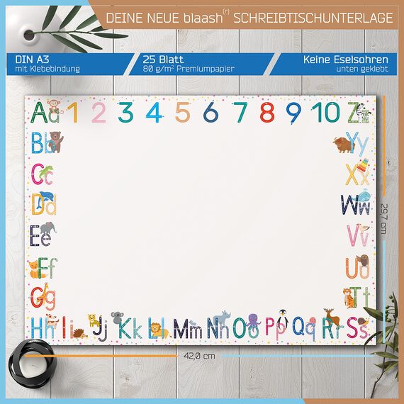 blaash® ABC Schreibtischunterlage Papier DIN A3 für Kinder | 25 Blatt Block mit viel Platz zum Malen, Schreiben oder Kritzeln | Unterlage Schreibtisch Mädchen & Jungen | Tischunterlage Kinder | 3er