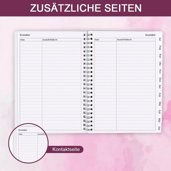 Kalender 2025-2026, A5-Wochenplaner mit Monatsregistern, Jul 2025-Jun 2026, Diary 2025-2026 elastischer Verschluss, Doppeldrahtbindung, einfache Organisation täglichen Lebens, 14,8×21cm, Planer 25-26