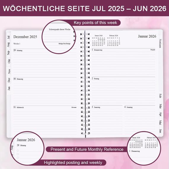 Kalender 2025-2026, A5-Wochenplaner mit Monatsregistern, Jul 2025-Jun 2026, Diary 2025-2026 elastischer Verschluss, Doppeldrahtbindung, einfache Organisation täglichen Lebens, 14,8×21cm, Planer 25-26