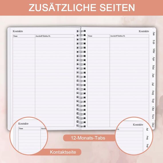 Kalender 2026, A5-Wochenplaner mit Monatsregistern, Jan 2026-Dec 2026, Diary 2026 elastischer Verschluss, Doppeldrahtbindung, einfache Organisation täglichen Lebens, 14,8×21cm, Planer 2026
