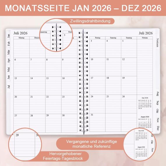 Kalender 2026, A5-Wochenplaner mit Monatsregistern, Jan 2026-Dec 2026, Diary 2026 elastischer Verschluss, Doppeldrahtbindung, einfache Organisation täglichen Lebens, 14,8×21cm, Planer 2026