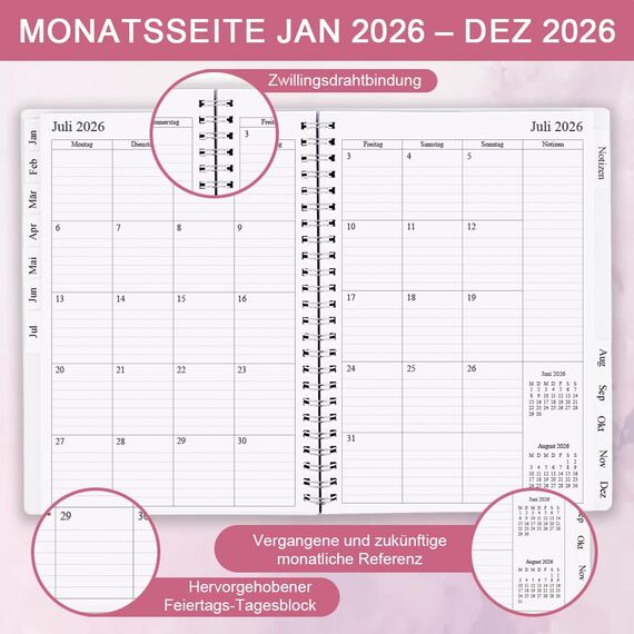 Kalender 2025, A5-Wochenplaner 2025 mit Monatsregistern, Jan 2025-Dez 2025, Diary 2025 elastischer Verschluss, Doppeldrahtbindung, einfache Organisation täglichen Lebens, 14,8×21cm, Planer 2025