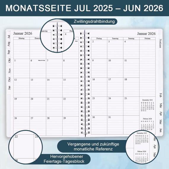 Kalender 2025-2026, A5-Wochenplaner mit Monatsregistern, Jul 2025-Jun 2026, Diary 2025-2026 elastischer Verschluss, Doppeldrahtbindung, einfache Organisation täglichen Lebens, 14,8×21cm, Planer 25-26