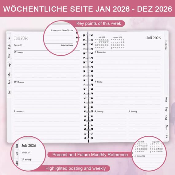 Kalender 2025, A5-Wochenplaner 2025 mit Monatsregistern, Jan 2025-Dez 2025, Diary 2025 elastischer Verschluss, Doppeldrahtbindung, einfache Organisation täglichen Lebens, 14,8×21cm, Planer 2025