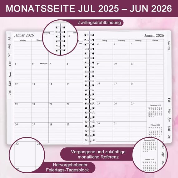 Kalender 2025-2026, A5-Wochenplaner mit Monatsregistern, Jul 2025-Jun 2026, Diary 2025-2026 elastischer Verschluss, Doppeldrahtbindung, einfache Organisation täglichen Lebens, 14,8×21cm, Planer 25-26