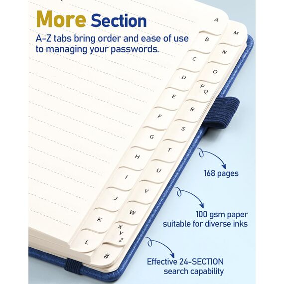 WEMATE Spiral Passwort buch mit alphabetischen Tabs, kleines Passwortbuch für Senioren, Internet-Passwort-Notizbuch Hardcover Passwort Manager Journal Logbuch A6 – 10.5 x 14.8 cm (Marineblau)