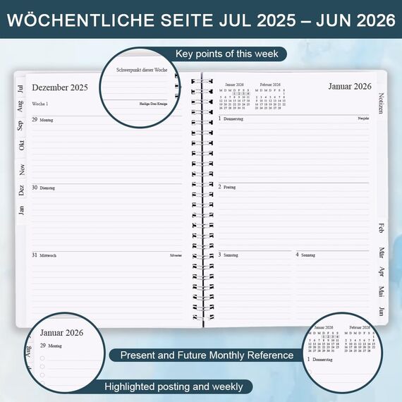 Kalender 2025-2026, A5-Wochenplaner mit Monatsregistern, Jul 2025-Jun 2026, Diary 2025-2026 elastischer Verschluss, Doppeldrahtbindung, einfache Organisation täglichen Lebens, 14,8×21cm, Planer 25-26