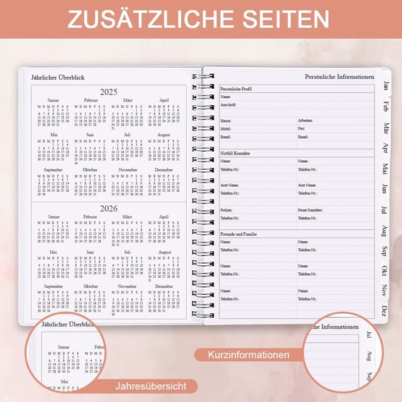 Kalender 2026, A5-Wochenplaner mit Monatsregistern, Jan 2026-Dec 2026, Diary 2026 elastischer Verschluss, Doppeldrahtbindung, einfache Organisation täglichen Lebens, 14,8×21cm, Planer 2026