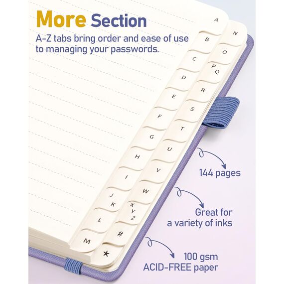 WEMATE Spiral Passwort buch mit alphabetischen Tabs, kleines Passwortbuch für Senioren, Internet-Passwort-Notizbuch Hardcover Passwort Manager Journal Logbuch A6 – 10.5 x 14.8 cm (Purpur)