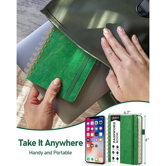 WEMATE Spiral Passwort buch mit alphabetischen Tabs, kleines Passwortbuch für Senioren, Internet-Passwort-Notizbuch Hardcover Passwort Manager Journal Logbuch A6 – 10.5 x 14.8 cm (Grasgrün)