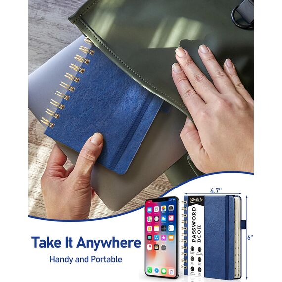 WEMATE Spiral Passwort buch mit alphabetischen Tabs, kleines Passwortbuch für Senioren, Internet-Passwort-Notizbuch Hardcover Passwort Manager Journal Logbuch A6 – 10.5 x 14.8 cm (Marineblau)