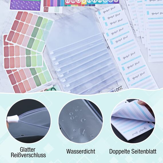 Budget Planner Deutsch Budget Binder - Bugetplaner Haushaltsbuch mit Geldfächer, Finanzplaner Geld Organizer Sparbuch mit Folien für Sparen Sparchallenge Umschlagmethode Geldplaner Cash Stuffing