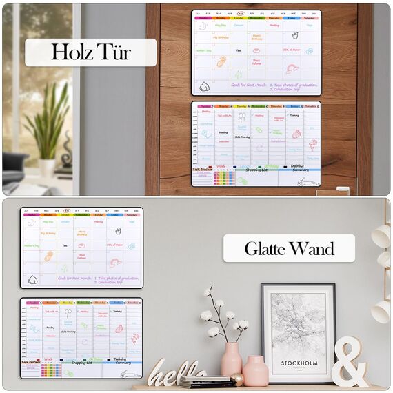 POPRUN Whiteboard Wochenplaner Monatsplaner abwischbar selbstklebend für die Wand, Glas, Holz und Kühlschrank (jede glatte Oberfläche) Familienplaner,Planungstafel,Monatskalender auf Deutsch