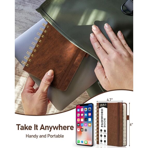WEMATE Spiral Passwort buch mit alphabetischen Tabs, kleines Passwortbuch für Senioren, Internet-Passwort-Notizbuch Hardcover Passwort Manager Journal Logbuch A6 – 10.5 x 14.8 cm (Braun)