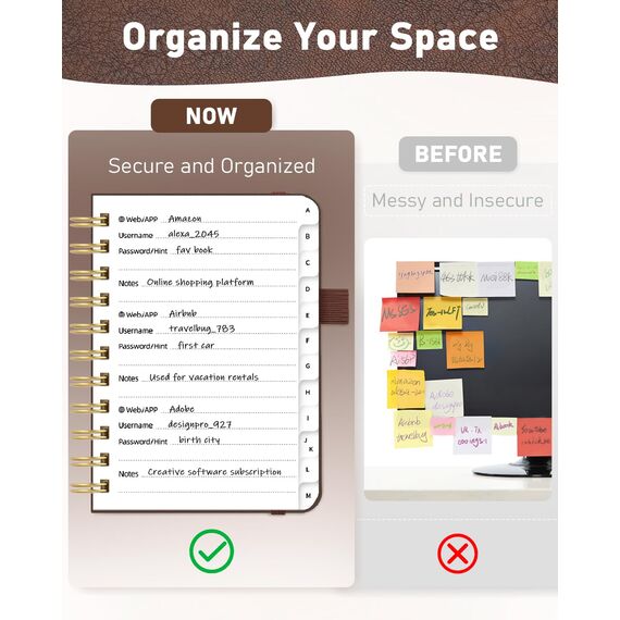 WEMATE Spiral Passwort buch mit alphabetischen Tabs, kleines Passwortbuch für Senioren, Internet-Passwort-Notizbuch Hardcover Passwort Manager Journal Logbuch A6 – 10.5 x 14.8 cm (Braun)