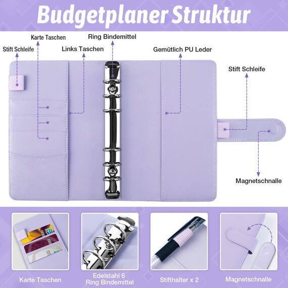Budget Planner Deutsch Budget Binder A6 - Bugetplaner Haushaltsbuch mit Geldfächer, Finanzplaner Geld Organizer Sparbuch mit Folien für Sparen Sparchallenge Umschlagmethode Geldplaner Cash Stuffing