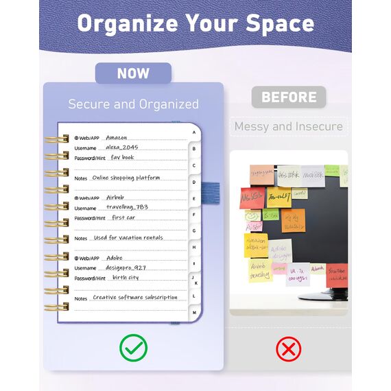 WEMATE Spiral Passwort buch mit alphabetischen Tabs, kleines Passwortbuch für Senioren, Internet-Passwort-Notizbuch Hardcover Passwort Manager Journal Logbuch A6 – 10.5 x 14.8 cm (Purpur)