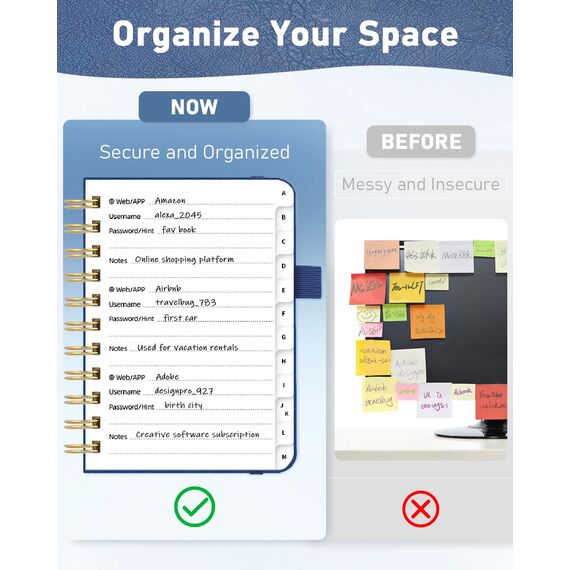 WEMATE Spiral Passwort buch mit alphabetischen Tabs, kleines Passwortbuch für Senioren, Internet-Passwort-Notizbuch Hardcover Passwort Manager Journal Logbuch A6 – 10.5 x 14.8 cm (Marineblau)